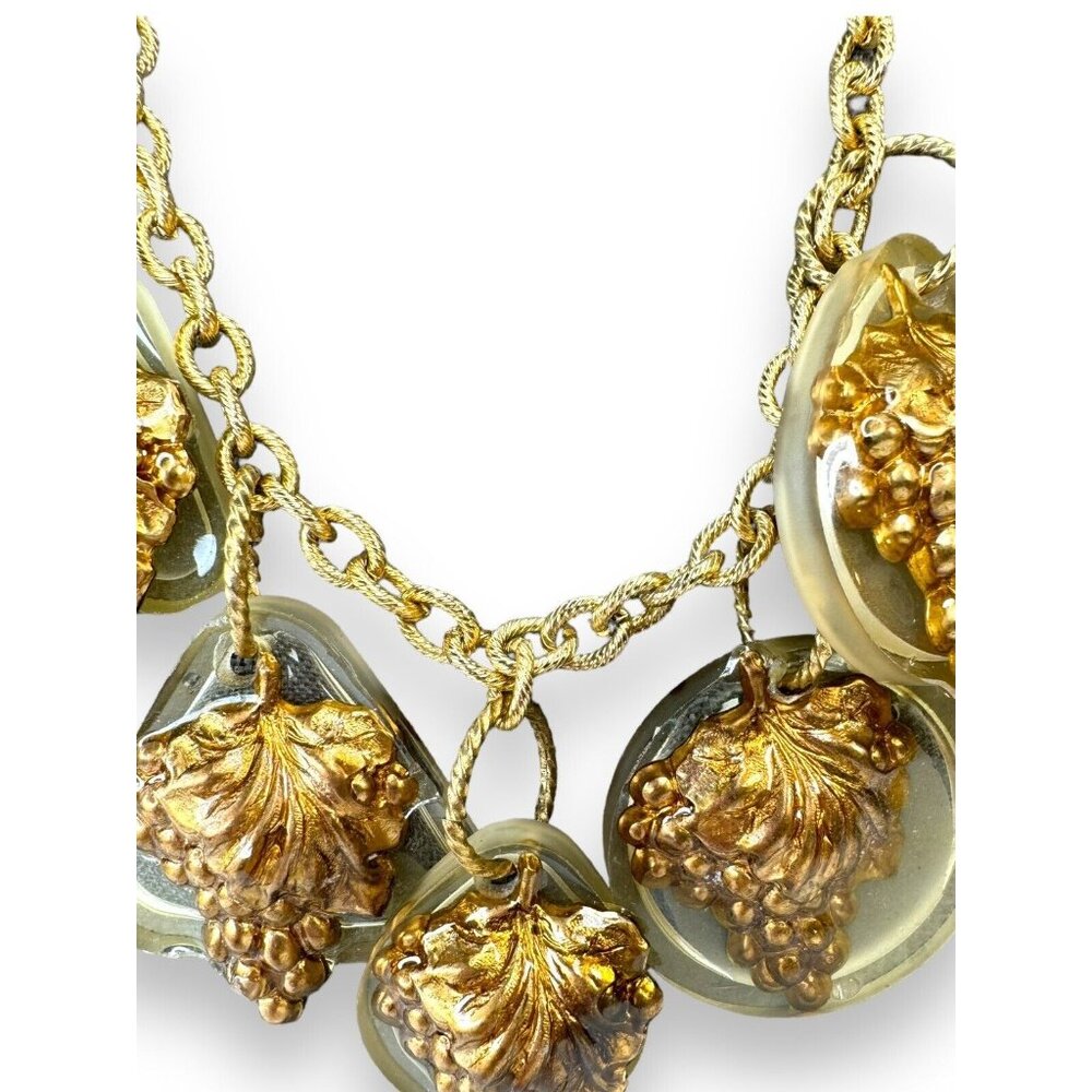 Artisan Gay Isber Statement Necklace Gold Grape Charms Resin Mixed Media 19” - Picture 3 of 11